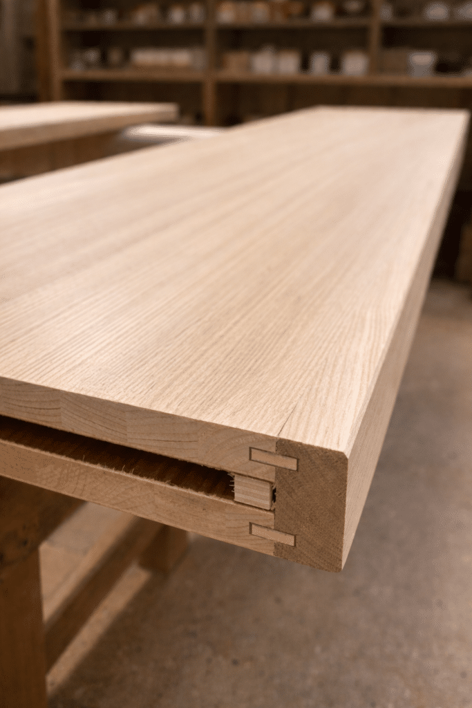 Assemblage bois en chêne clair avec mortaise et tenon sur plateau de table dans un atelier.