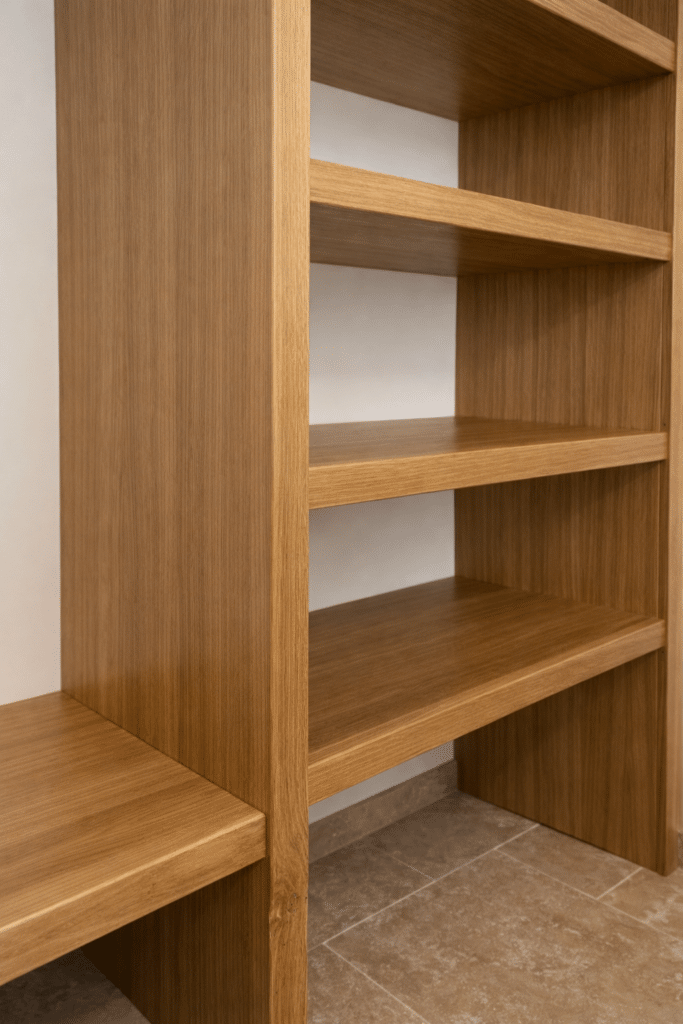 Étagère en Bois de Chêne Massif : Rangement Design Moderne Étagère moderne en bois de chêne massif, design épuré avec tablettes épaisses sur sol carrelé beige.
