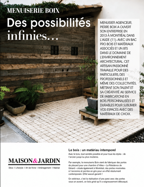 Menuiserie Boix : Artisanat et Aménagement Bois Sur Mesure Menuiserie Boix : Des possibilités infinies. Mur en bois rustique et patio pierre pour Maison & Jardin.